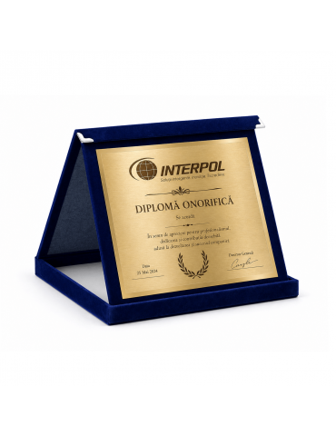 Placheta onorifică din catifea albastra cu placuta metal aurie PLD 16k